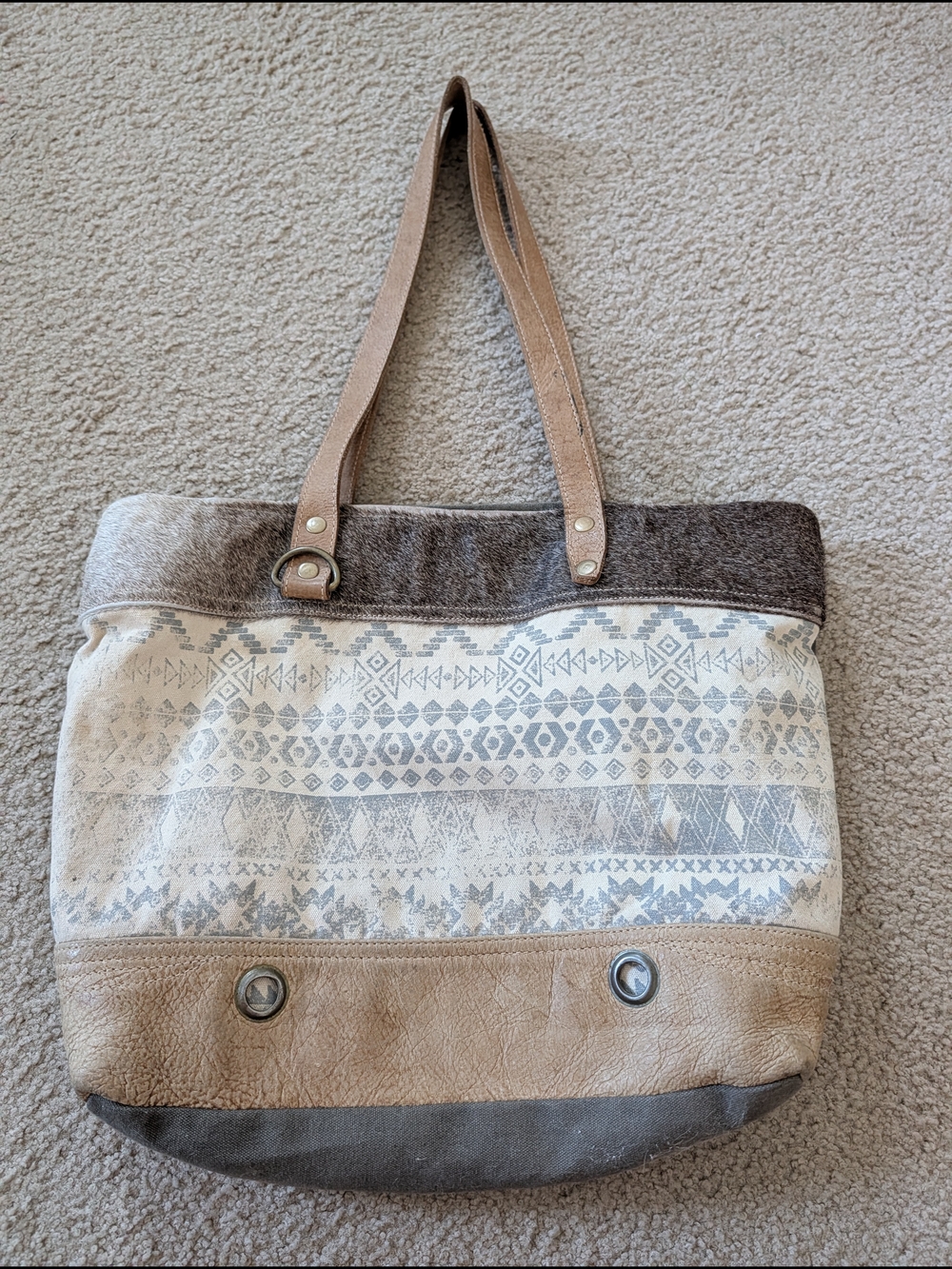 Myra Oromos Canvas Tote Bag with Leather Straps And Hairon Details